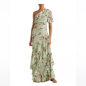 Asymmetric maxi dress one shoulder ruffle hem bump friendly